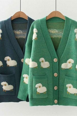 Harajuku Sheep Cardigan: Animal Pattern Knit Sweater, Korean Streetwear Y2K Fashion Top