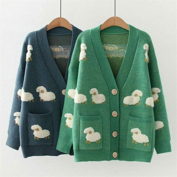 Harajuku Sheep Cardigan: Animal Pattern Knit Sweater, Korean Streetwear Y2K Fashion Top