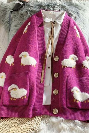 Harajuku Sheep Cardigan: Animal Pattern Knit Sweater, Korean Streetwear Y2K Fashion Top