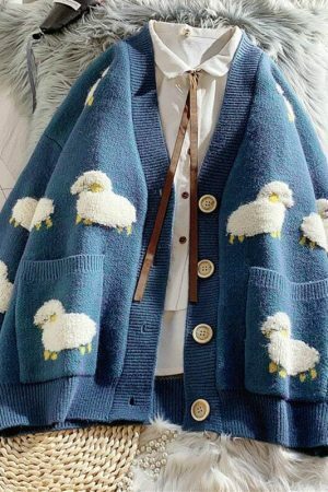 Harajuku Sheep Cardigan: Animal Pattern Knit Sweater, Korean Streetwear Y2K Fashion Top