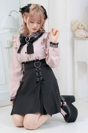 Heart Buckle Skirt Y2K Jirai Kei Ribbons Lace-Up My Melody Kuromi Aesthetic