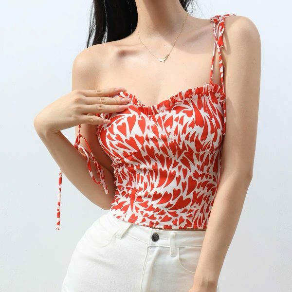 Heart Pattern Strappy Cami Crop Top - Y2K Korean French Retro Streetwear