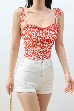 Heart Pattern Strappy Cami Crop Top - Y2K Korean French Retro Streetwear