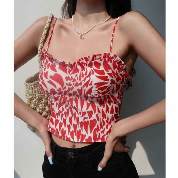 Heart Pattern Strappy Cami Crop Top - Y2K Streetwear Aesthetic