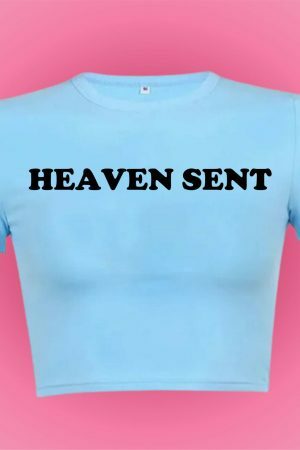 Heaven Sent Y2K Baby Tee: Funny Slogan Crop Top, Grunge Aesthetic Punk Graphic Print, Streetwear Slim Fit