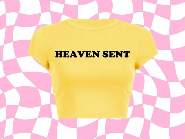 Heaven Sent Y2K Baby Tee: Funny Slogan Crop Top, Grunge Aesthetic Punk Graphic Print, Streetwear Slim Fit