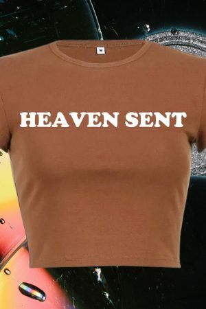 Heaven Sent Y2K Baby Tee: Funny Slogan Crop Top, Grunge Aesthetic Punk Graphic Print, Streetwear Slim Fit