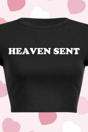 Heaven Sent Y2K Baby Tee: Funny Slogan Crop Top, Grunge Aesthetic Punk Graphic Print, Streetwear Slim Fit