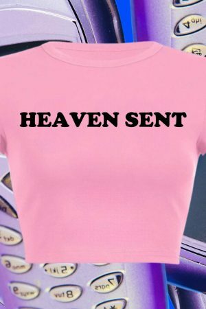 Heaven Sent Y2K Baby Tee: Funny Slogan Crop Top, Grunge Aesthetic Punk Graphic Print, Streetwear Slim Fit