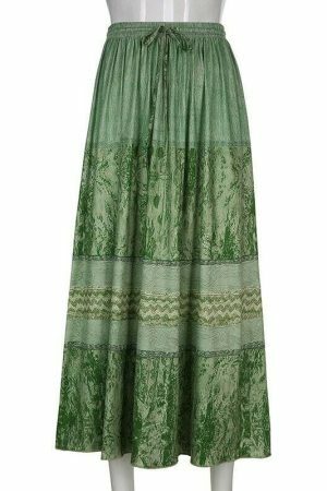 High Waist Green Bohemian Midi Skirt - Y2K Streetwear Vintage Style