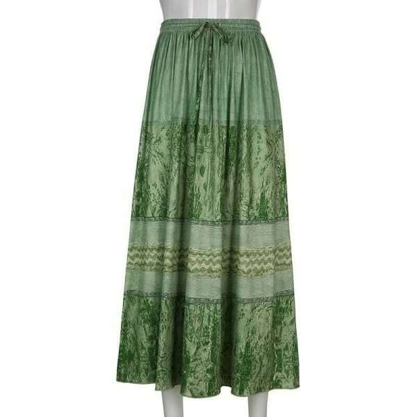 High Waist Green Bohemian Midi Skirt - Y2K Streetwear Vintage Style