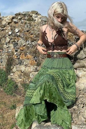 High Waist Green Bohemian Midi Skirt - Y2K Streetwear Vintage Style