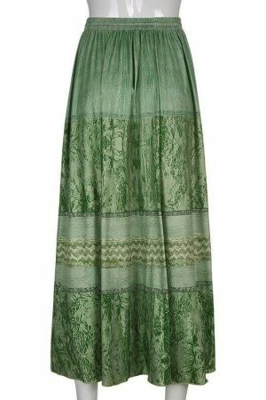 High Waist Green Bohemian Midi Skirt - Y2K Streetwear Vintage Style