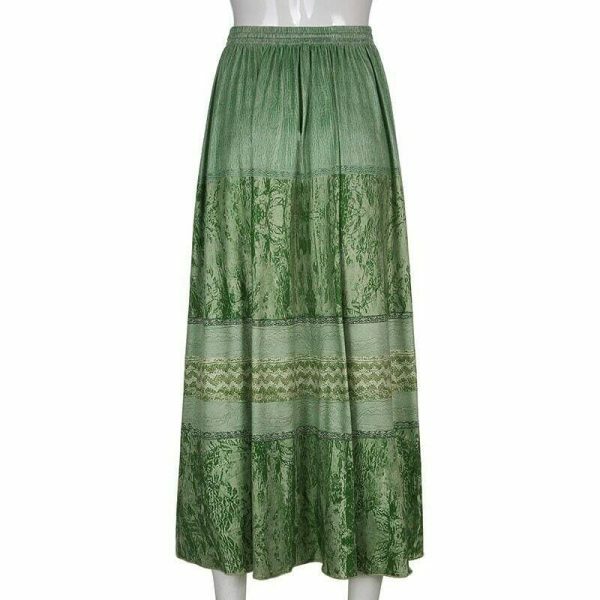 High Waist Green Bohemian Midi Skirt - Y2K Streetwear Vintage Style