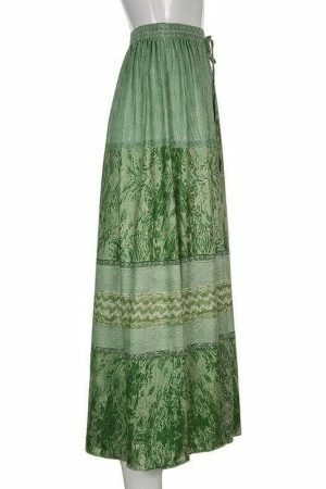 High Waist Green Bohemian Midi Skirt - Y2K Streetwear Vintage Style