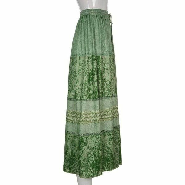 High Waist Green Bohemian Midi Skirt - Y2K Streetwear Vintage Style