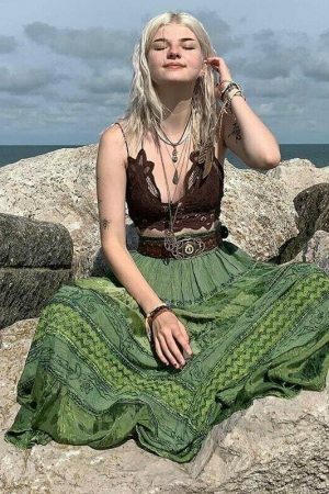 High Waist Green Bohemian Midi Skirt - Y2K Streetwear Vintage Style