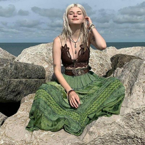 High Waist Green Bohemian Midi Skirt - Y2K Streetwear Vintage Style