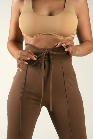 High Waisted Espresso Skinny Fit Flare Leg Pants