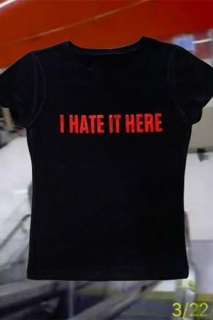 I Hate It Here Y2K Grunge Baby Tee Black Letter Print Slogan T-Shirt