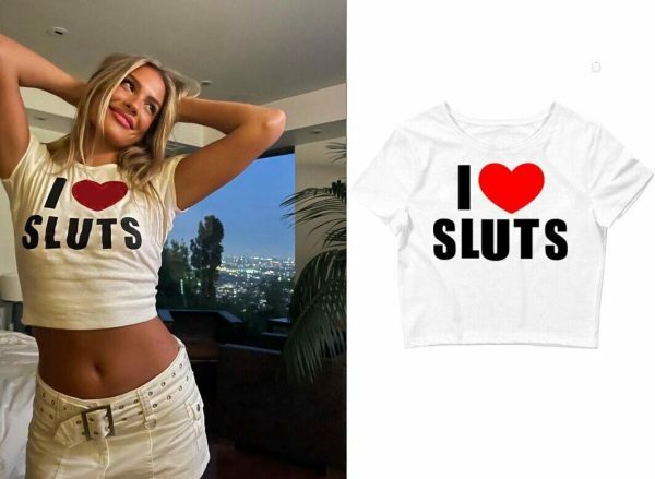 I Love Sluts Y2K Crop Tee, Funny Slogan Text T-shirt, 90's Aesthetic Gothic Punk T Shirt, White Women's Summer Graphic Print Cropped Y2K Top