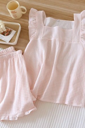 Japanese Y2K Cotton Pajama Set: Short-Sleeve Top & Shorts