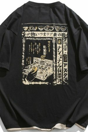 Kanji Pattern Oversized T-Shirt Y2K Streetwear Vintage Style