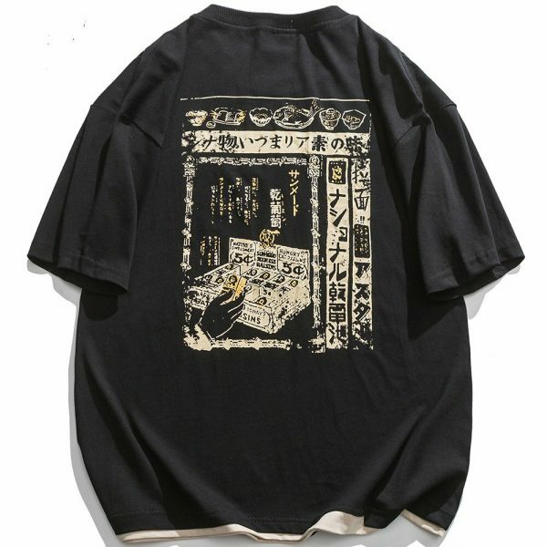 Kanji Pattern Oversized T-Shirt Y2K Streetwear Vintage Style