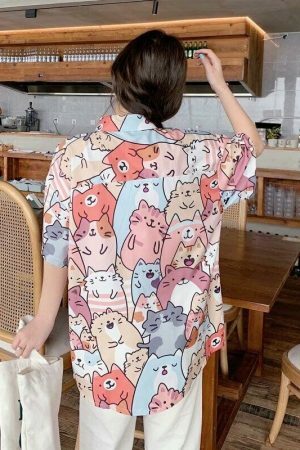 Kawaii Cat Print Button-Up Shirt - Y2K Streetwear Fashion