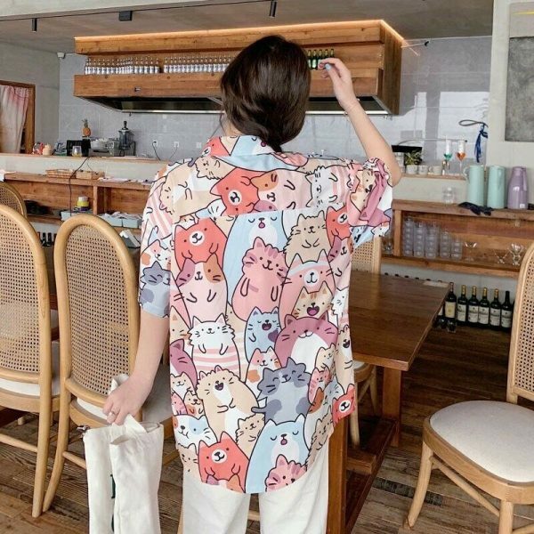 Kawaii Cat Print Button-Up Shirt - Y2K Streetwear Fashion