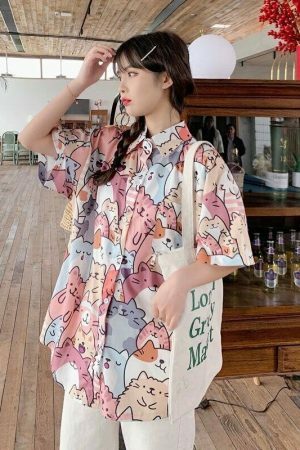 Kawaii Cat Print Button-Up Shirt - Y2K Streetwear Fashion