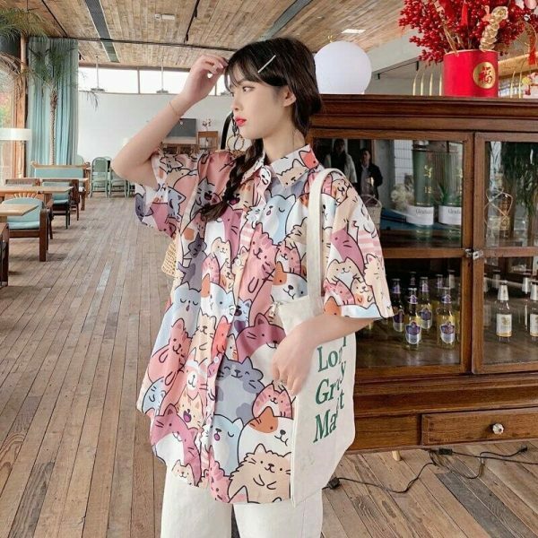 Kawaii Cat Print Button-Up Shirt - Y2K Streetwear Fashion