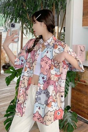 Kawaii Cat Print Button-Up Shirt - Y2K Streetwear Fashion