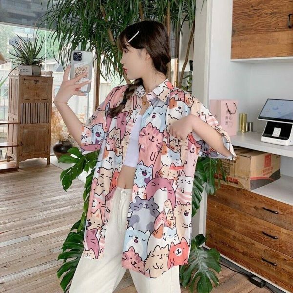 Kawaii Cat Print Button-Up Shirt - Y2K Streetwear Fashion