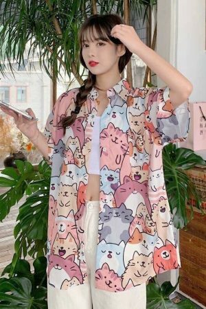 Kawaii Cat Print Button-Up Shirt - Y2K Streetwear Fashion