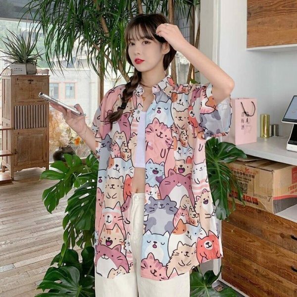 Kawaii Cat Print Button-Up Shirt - Y2K Streetwear Fashion