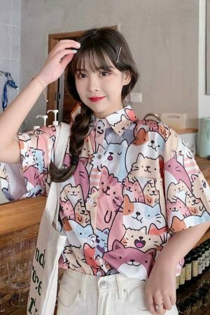 Kawaii Cat Print Button-Up Shirt - Y2K Streetwear Fashion