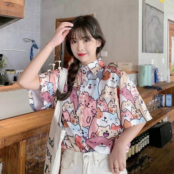 Kawaii Cat Print Button-Up Shirt - Y2K Streetwear Fashion