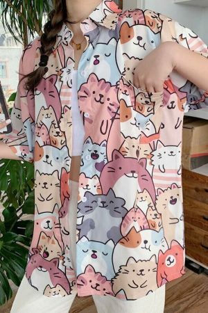 Kawaii Cat Print Button-Up Shirt - Y2K Streetwear Fashion