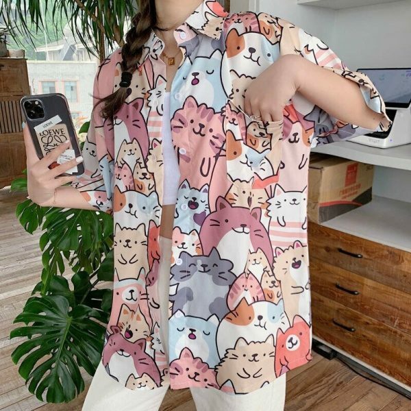 Kawaii Cat Print Button-Up Shirt - Y2K Streetwear Fashion