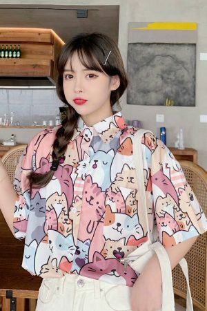 Kawaii Cat Print Button-Up Shirt - Y2K Streetwear Fashion