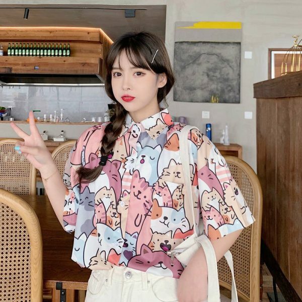 Kawaii Cat Print Button-Up Shirt - Y2K Streetwear Fashion