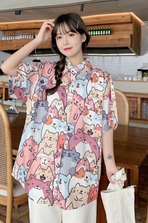 Kawaii Cat Print Button-Up Shirt - Y2K Streetwear Fashion