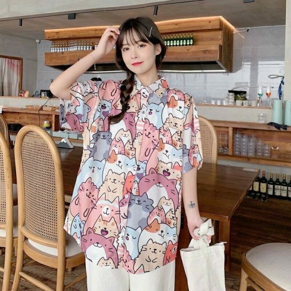 Kawaii Cat Print Button-Up Shirt - Y2K Streetwear Fashion