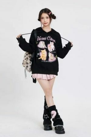 Kawaii Cat Print Y2K Streetwear Hoodie