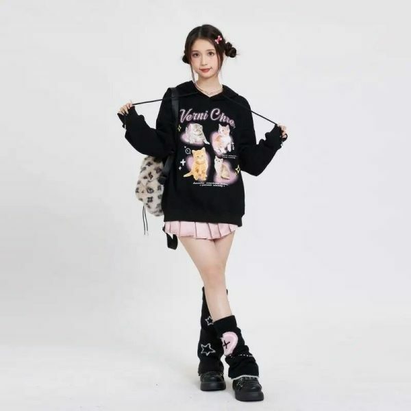 Kawaii Cat Print Y2K Streetwear Hoodie