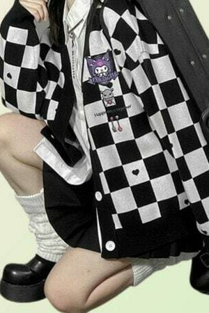 Kawaii Checkered Cardigan: Y2K Korean Streetwear Sweater