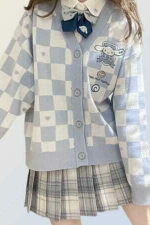 Kawaii Checkered Cardigan: Y2K Korean Streetwear Sweater