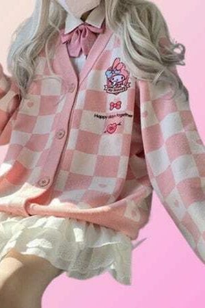 Kawaii Checkered Cardigan: Y2K Korean Streetwear Sweater