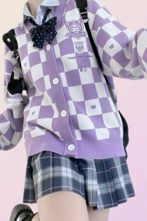 Kawaii Checkered Cardigan: Y2K Korean Streetwear Sweater